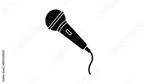 A simple black and white illustration depicts a classic dynamic microphone with a cord showcasing a tool often used for vocal performance and audio