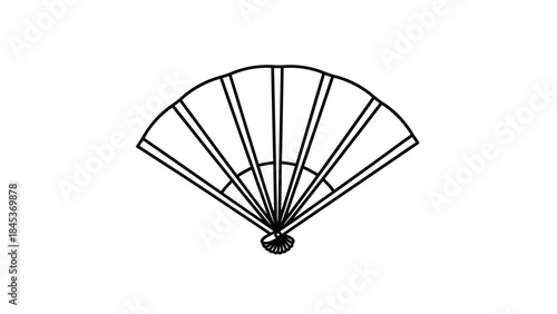 A simple black and white line art illustration of an open folding hand fan, showing its radiating ribs and a pivot point.