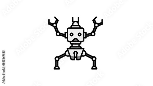 Minimalist Black and White Line Illustration of a Robot Insect with Extended Legs and Antennae for