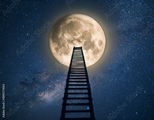 Mystical Ladder Ascending to the Illuminated Moon in a Star-Lit Night Sky