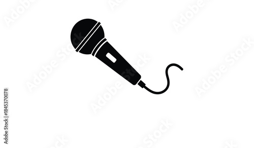A simple black and white illustration depicts a dynamic microphone angled slightly showcasing its classic design and cord connection isolated on a white background