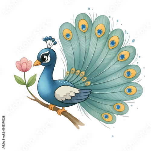 Isolated blue peacock bird with green feathers on a tropical tree branch illustration