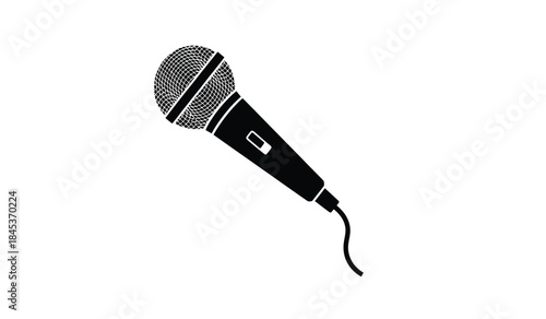 A striking black and white illustration depicts a classic dynamic microphone angled slightly showcasing its metal grill and sleek design perfect for vocal performance