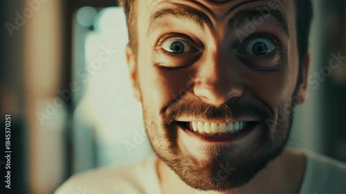 A man with a beard and mustache smiling broadly at the camera while holding up one finger to indicate emphasis or agreement.
