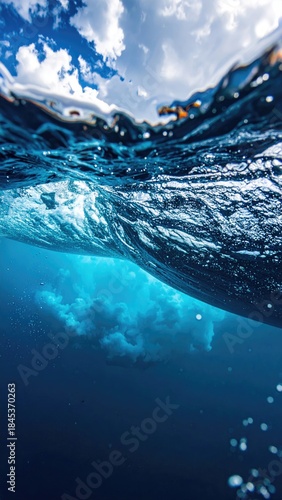Underwater perspective waves, sky, and blue depths