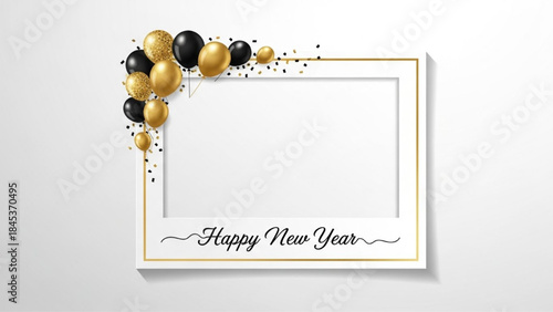 Realistic New Year Photo Frame with Gold Border, Black and Gold Balloons, Confetti, and Happy New Year Text Vector Illustration