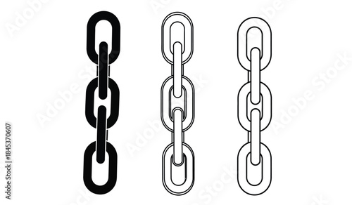 A minimalist depiction of three distinct chain links presented in black white and inverse color schemes against a plain white background high quality