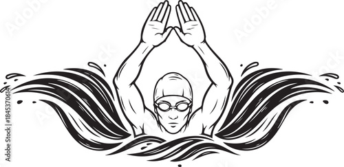 An artistic black and white illustration of a swimmer performing a stroke