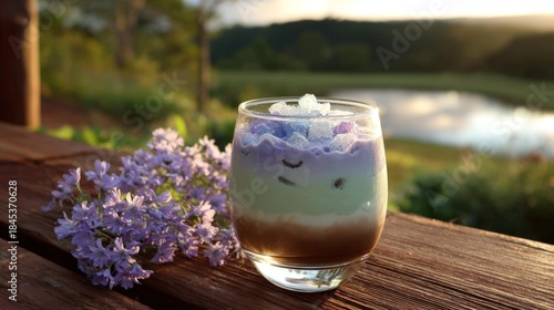 Layered Lavender Iced Latte on Wooden Deck Overlooking River Landscape.