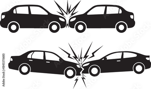Illustration showing a head-on collision between two cars, a black and white icon representing a road accident