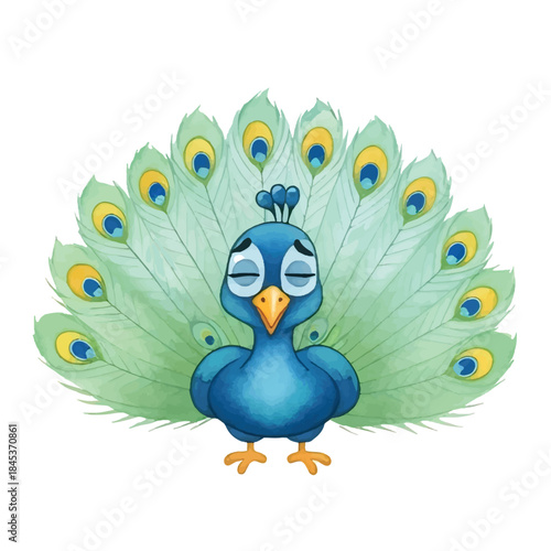 Cute Cartoon Peacock Illustration with Watercolor Texture