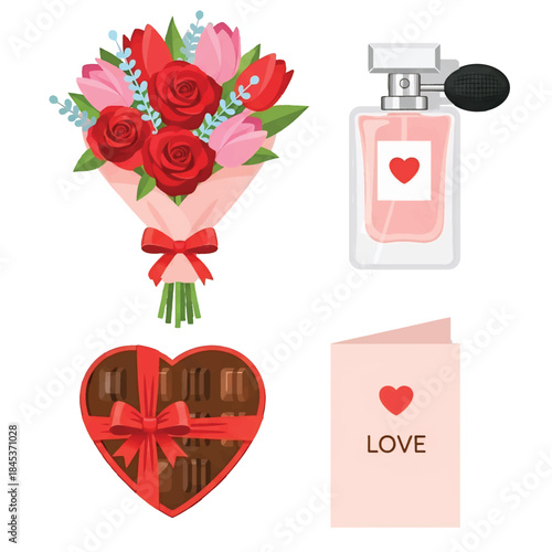 Set of hearts and flowers vector illustration design for a romantic Valentine's Day card
