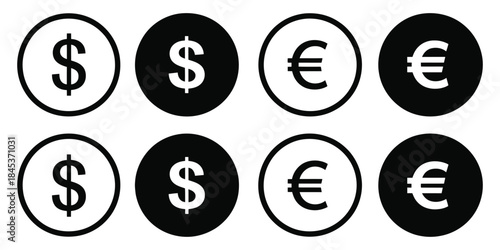 dollar and euro currency icon set with modern minimalist money symbols and clear financial signs, designed for banking applications, finance dashboards, economic reports, and clean vector infographic 