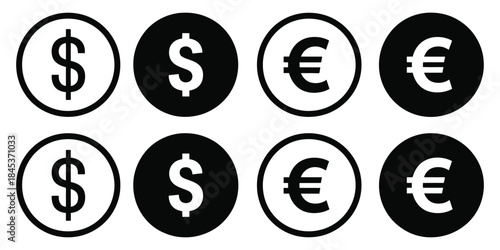 dollar and euro currency icon set featuring clean financial symbols, minimalist money graphics, and clear currency signs, ideal for banking apps, financial presentations, economic infographics, and 