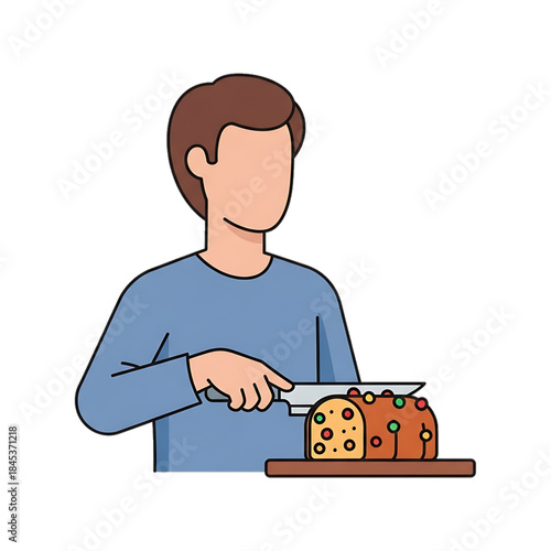 A person slicing a loaf of festive bread at a table.
