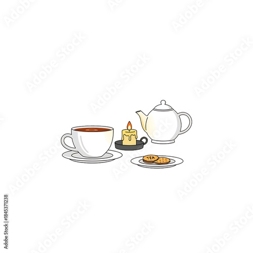 A cup of tea, teapot, and biscuits arranged neatly on a table.