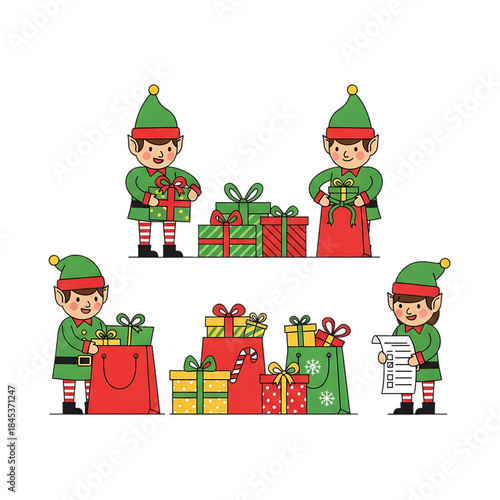 Small elves carrying and arranging colorful Christmas gifts.