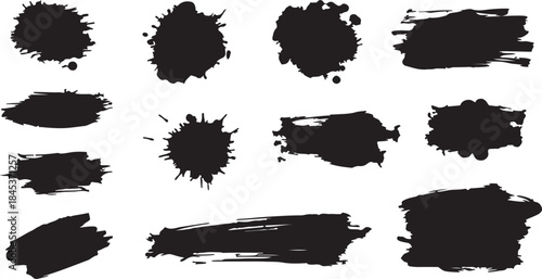 Set of Black Grunge Ink Splatters and Hand-Drawn Brush Strokes Vector Isolated