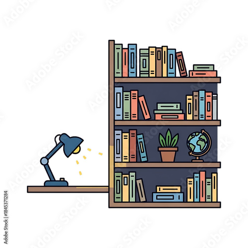 A tall bookcase filled with books, plants, and decorative items.
