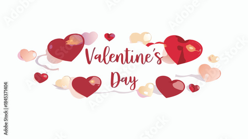 A photorealistic glossy red heart with golden reflection on white background surrounded by smaller hearts for valentine's day