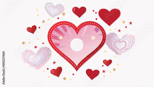 A large photorealistic translucent red heart surrounded by smaller hearts and stars on white background with shiny effect and inner glow