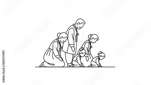Korean family performing traditional bow, Sebae, in hanbok, showing respect and cultural tradition.