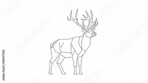 Geometric line art illustration of a majestic deer with large antlers standing on a white background.