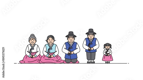 A multi-generational Korean family in traditional Hanbok performing a respectful bow during a cultural celebration.