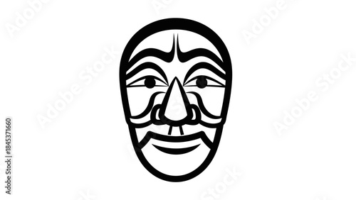 A black and white graphic illustration of a stylized traditional mask with prominent facial features and decorative lines.