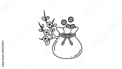 A line art illustration of a lucky money bag with coins and a flowering branch, symbolizing prosperity and good fortune.