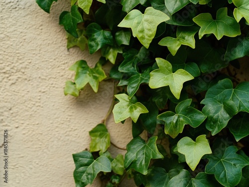 Lush Green Ivy Climbing Up Textured Beige Wall.