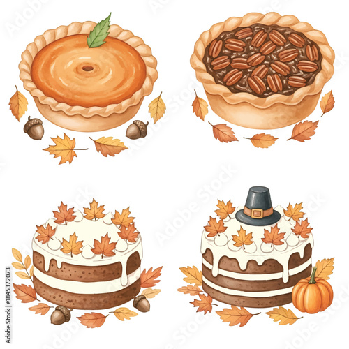 A sweet collection of delicious birthday dessert illustrations featuring chocolate cake with flowers, cream, and fruits