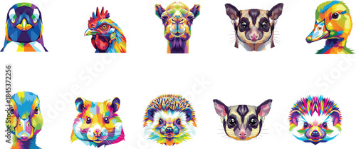 Collection of Geometric Animal Portraits in Vibrant Polygonal Art Style