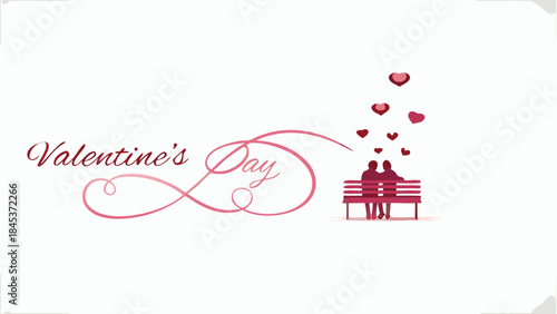 Romantic couple sitting on a bench watching pastel sunset with hearts flying overhead in a lovely valentine's day scene