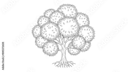 Line Art Tree Drawing with Rounded Canopy Isolated on White Background