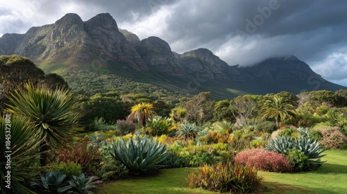 Lush Succulent Garden with Dramatic Mountain Backdrop Under Cloudy Sky.