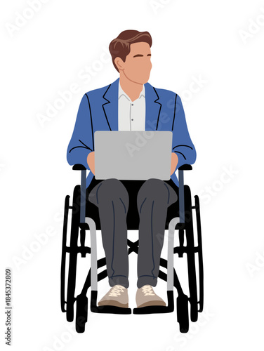 Professional man using a laptop while seated in a wheelchair. Flat vector illustration isolated on transparent background.
