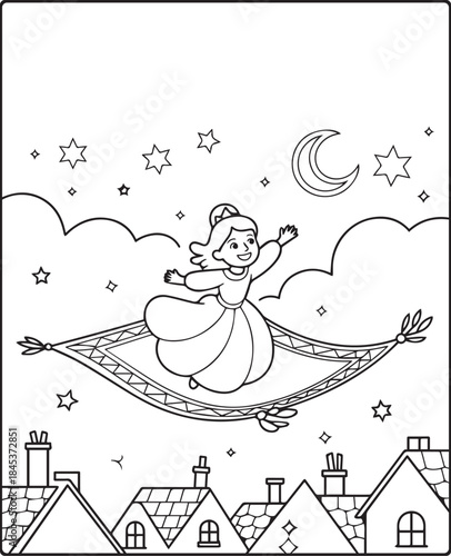 Beautiful princess girl wearing crown and beautiful dress flying in the sky vector line art illustration coloring page for kids 