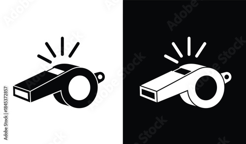 A stark visual comparison showcases a white referee whistle on a black background and its reverse a black whistle on white highlighting contrast