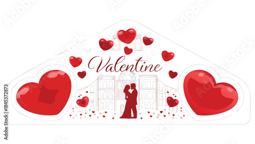 Couple silhouette under grand archway on valentine's day with red hearts surrounding them in romantic ambiance