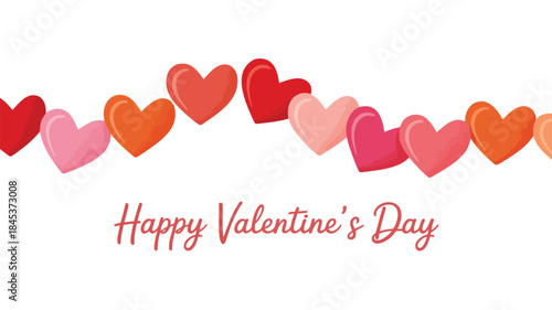 Flat illustration of heart shaped dominoes in a line on white background for valentine's day
