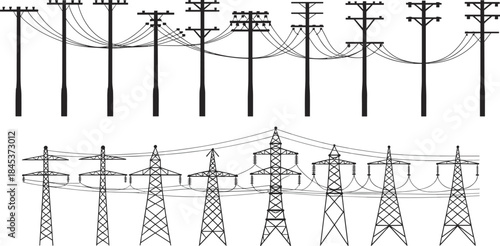 Electric utility poles and high voltage transmission towers silhouettes set, power lines infrastructure, electricity distribution, black vector icons isolated