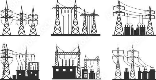 High voltage power transmission towers and substations silhouettes set, electricity distribution infrastructure, energy grid, black vector icons isolated