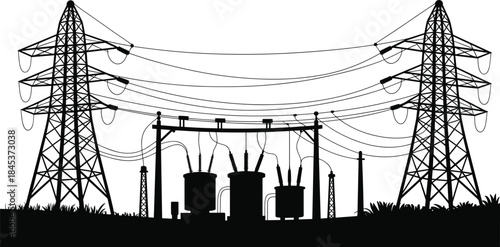 High voltage power transmission towers and electrical substation silhouette, energy infrastructure, electricity distribution network, industrial technology landscape illustration