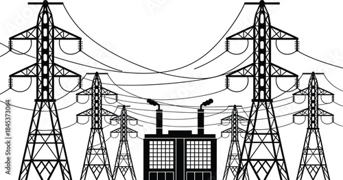 Electric power transmission towers and power plant silhouette, high voltage pylons with overhead lines, energy grid infrastructure illustration, black minimal