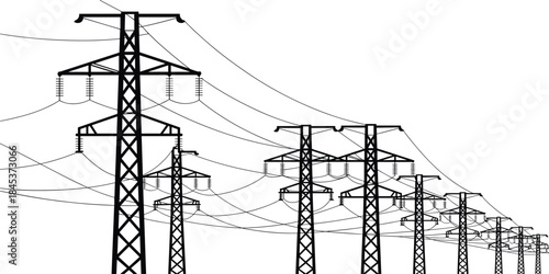 High voltage power transmission towers silhouette, electricity pylons with overhead lines, energy grid infrastructure, black minimal industrial engineering illustration