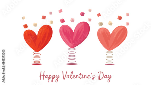 Three oversized red and pink heart shaped balloons on springs with confetti on white background for valentine's day