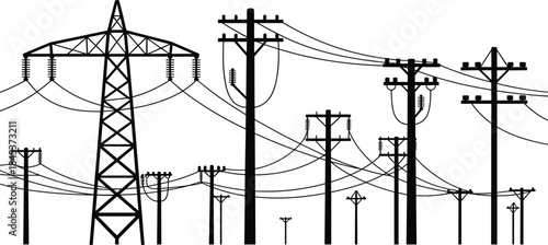 Electric power transmission towers and utility poles silhouette, energy infrastructure grid, electricity distribution network, industrial technology background illustration