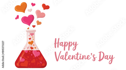 Giant glass flask emits colorful hearts on valentine's day, symbolizing love and chemistry in a whimsical scene