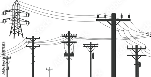 Electric power transmission lines and utility poles silhouette set, high voltage electricity distribution network, energy infrastructure, black minimal engineering illustration